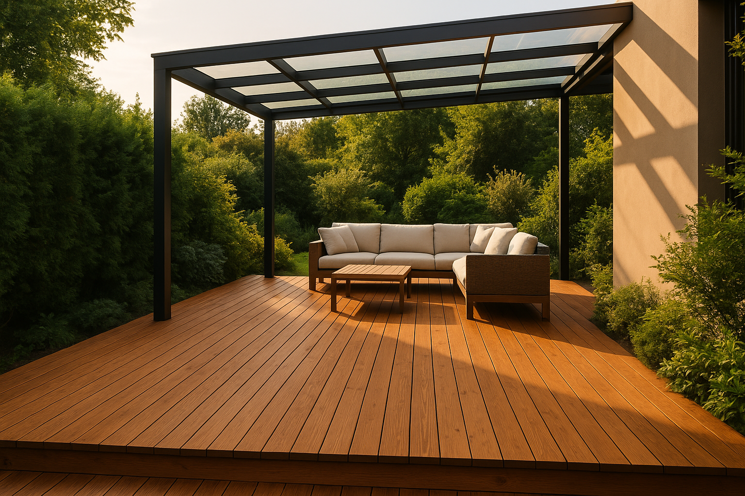 Taras z desek z thermo sosny z nowoczesnym zadaszeniem i meblami ogrodowymi